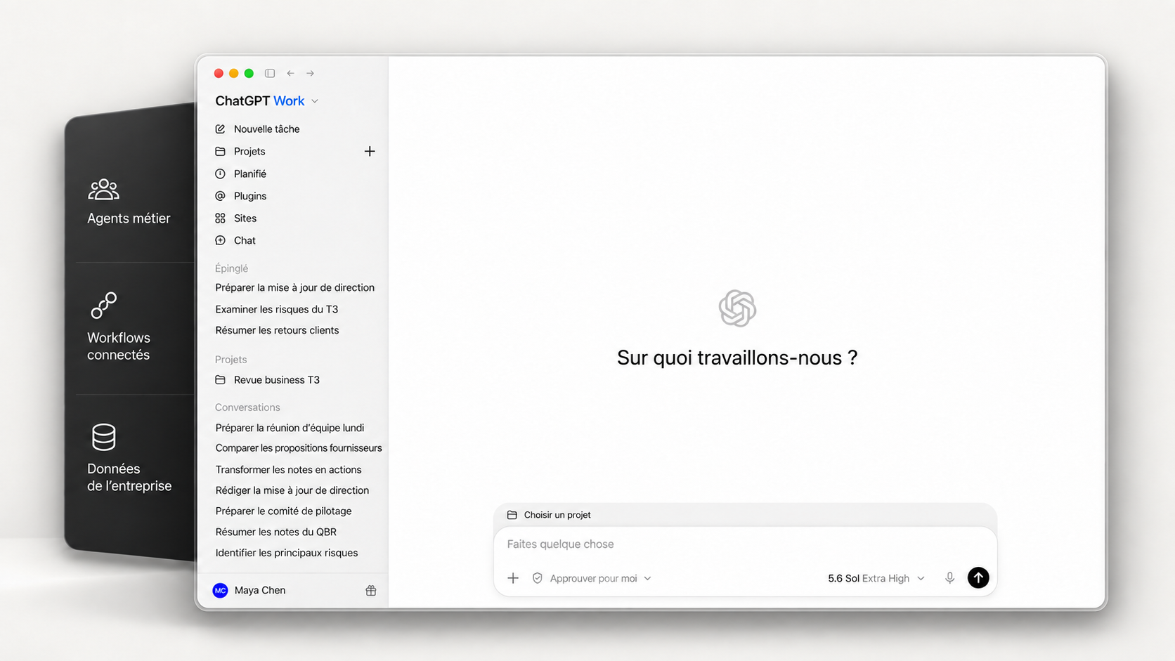 ChatGPT Work en français, avec des tâches et projets d’équipe, présenté aux côtés d’agents métier, de workflows connectés et de données d’entreprise.