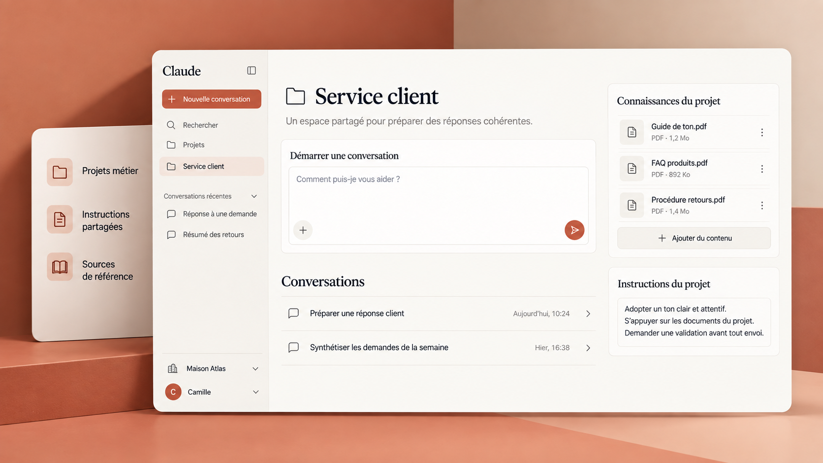 Interface Claude en français pour un projet Service client, avec connaissances de projet, instructions partagées et sources de référence.