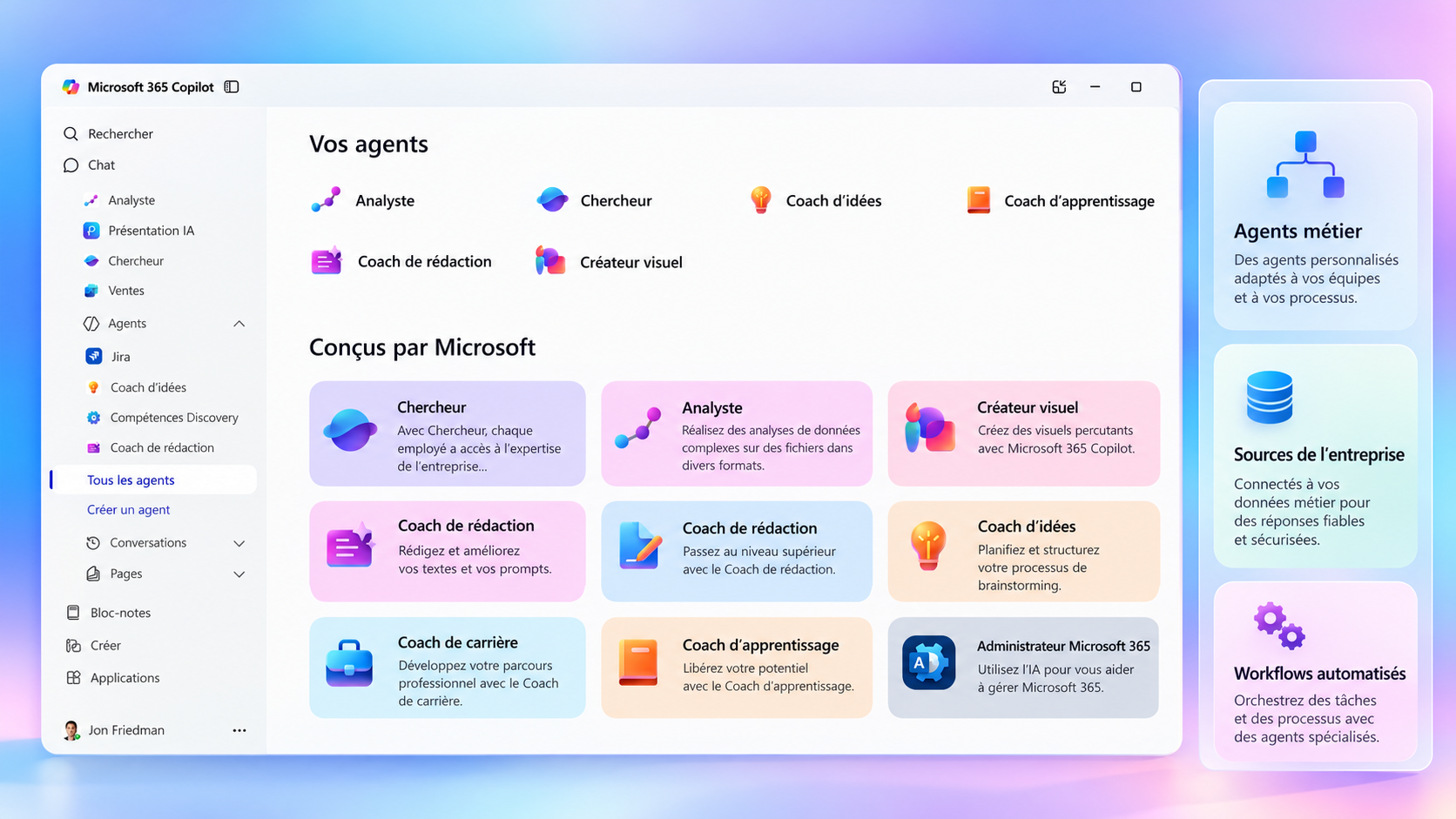 Galerie Microsoft 365 Copilot en français avec des agents personnalisés, reliés aux sources de l’entreprise et à des workflows automatisés.