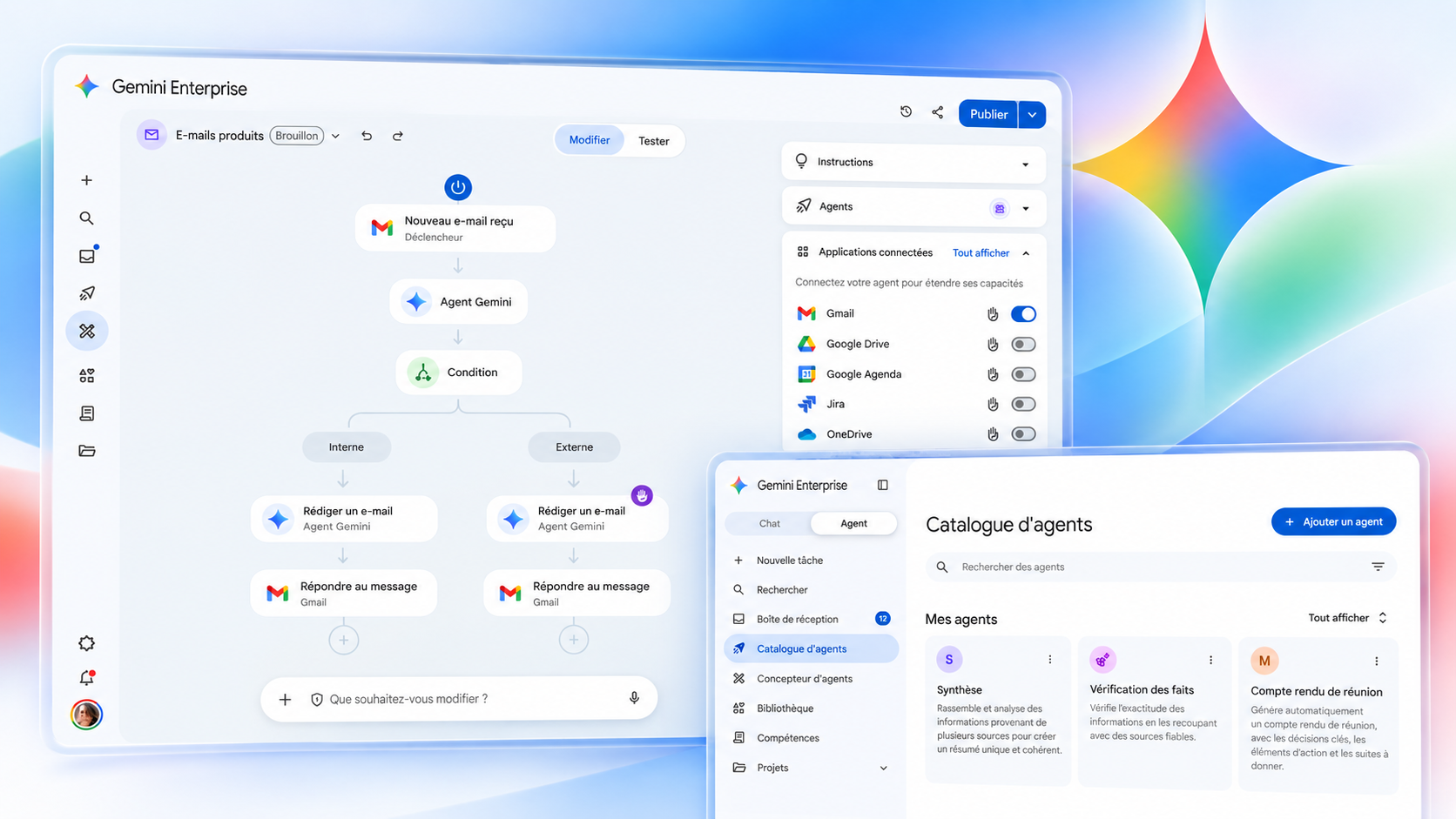 Gemini Enterprise en français : workflow d’e-mails avec agent Gemini, condition et réponses automatiques, accompagné d’une galerie d’agents métier.